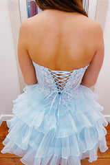 A-Line Light Blue Sweetheart Corset Short Homecoming Dress/Mini Dress with Ruffles