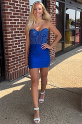 Sparkly Royal Blue Strapless Tight Corset Short Homecoming Dress/Mini Dress