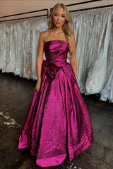 Long A-Line Strapless Prom Dress in Fuchsia Metallic with Ruched Detail and Bow