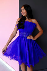 A-Line Royal Blue Strapless Tulle Short Homecoming Dress/Mini Dress with Sequins