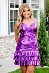 Dark Purple Spaghetti Straps Tight Metallic Tiered Homecoming Dress/Mini Dress
