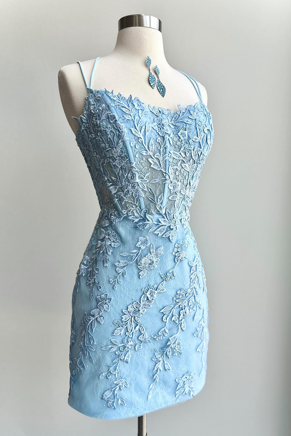 Light Blue Spaghetti Straps Tight Corset Homecoming Dress/Mini Dress with Appliques