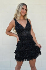 A-Line Black V-Neck Tiered Short Homecoming Dress/Mini Dress with Lace