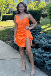Orange One Shoulder Tight Satin Homecoming Dress/Mini Dress with Slit