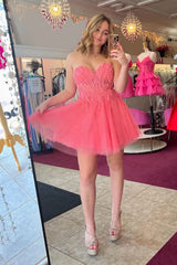 A-Line Pink Sweetheart Corset Tulle Short Homecoming Dress/Mini Dress with Appliques