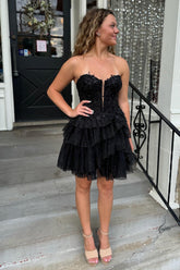Sparkly A-Line Black Strapless Short Homecoming Dress/Mini Dress with Lace