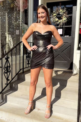 Black Sweetheart Bodycon Metallic Ruched Short Homecoming Dress/Mini Dress