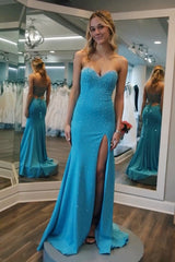 Sweetheart Blue Glitter Beaded Long Mermaid Prom Dress Featuring a Slit