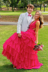 Long A-Line Prom Dress with Purple Spaghetti Straps Ruffled Open Back and Slit