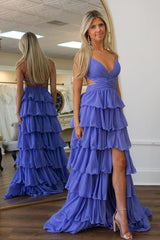 Long A-Line Prom Dress with Purple Spaghetti Straps Ruffled Open Back and Slit