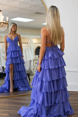 Long A-Line Prom Dress with Purple Spaghetti Straps Ruffled Open Back and Slit