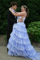 Black Sparkling Spaghetti Strap A-Line Long Corset Prom Dress with Sequins Tiers and Slit