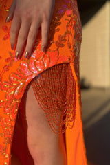 Long Orange Sparkly Mermaid Corset Prom Dress with Slit and Off-the-Shoulder Sequins
