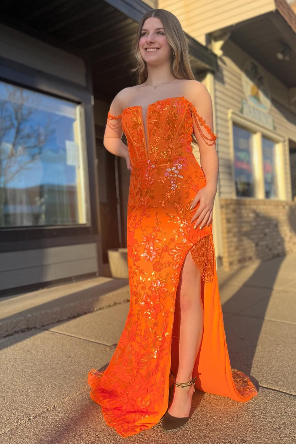 Long Orange Sparkly Mermaid Corset Prom Dress with Slit and Off-the-Shoulder Sequins