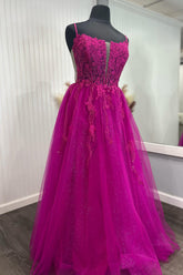 Fuchsia Sparkle Long A-Line Corset Prom Dress with Tulle Spaghetti Straps and Appliques