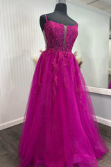 Fuchsia Sparkle Long A-Line Corset Prom Dress with Tulle Spaghetti Straps and Appliques