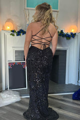 Long Black Prom Dress with Sparkly Mermaid Sequins and Spaghetti Straps