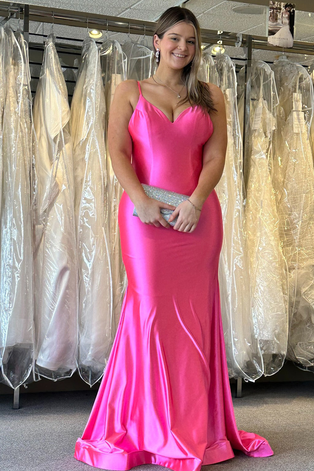 Long Satin Mermaid Prom Dress with Fuchsia Spaghetti Straps and Open Back