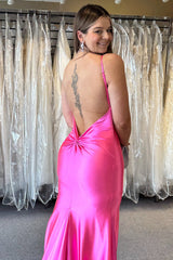Long Satin Mermaid Prom Dress with Fuchsia Spaghetti Straps and Open Back