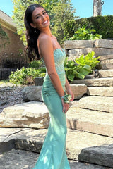 Long Mermaid Prom Corset Dress in Mint with Sweetheart Neckline and Appliques
