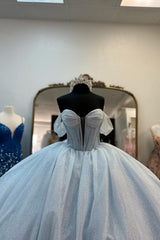 Light Blue Sparkly Off-the-Shoulder Long Corset Prom Dress with Tulle Skirt and Bow