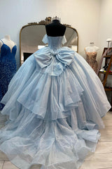 Light Blue Sparkly Off-the-Shoulder Long Corset Prom Dress with Tulle Skirt and Bow