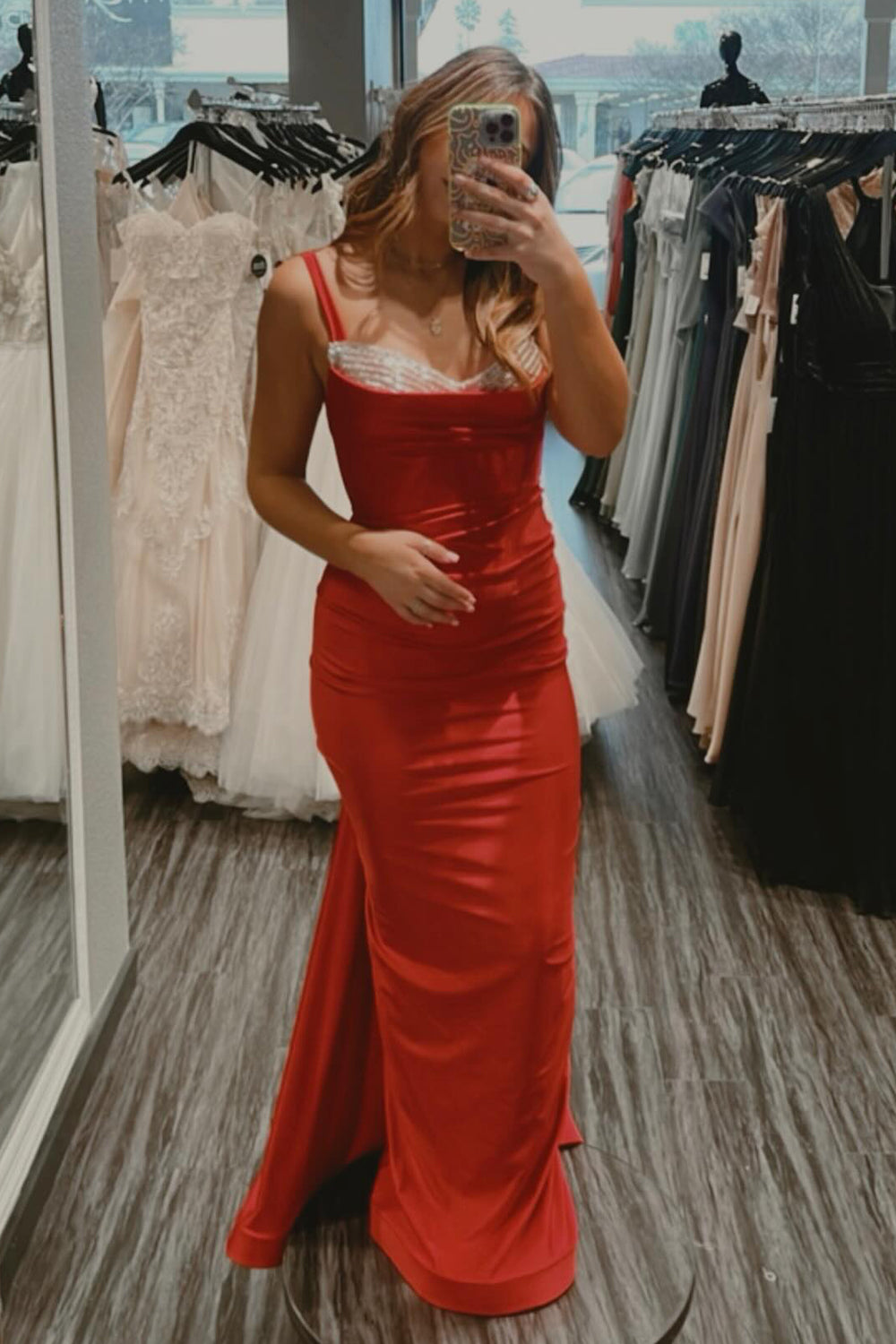 Long Red Satin Prom Dress with Spaghetti Straps and Open Back in Mermaid Style