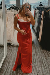 Long Red Satin Prom Dress with Spaghetti Straps and Open Back in Mermaid Style
