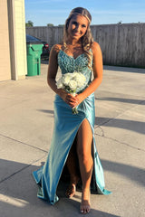 Long Satin Mermaid Prom Dress with Sparkly Blue Beading and Spaghetti Straps