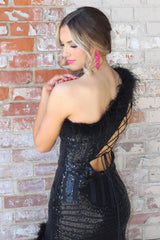 Long Black One-Shoulder Sparkly Mermaid Prom Dress with Sequins and Feather
