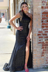 Long Black One-Shoulder Sparkly Mermaid Prom Dress with Sequins and Feather