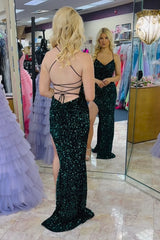 Long Dark Green Mermaid Prom Dress with Sparkly Sequins and Spaghetti Straps Featuring a Slit