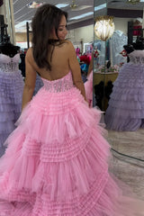 Long A-Line Corset Prom Dress in Pink with Halter Neck Tulle Tiered Skirt and Appliques