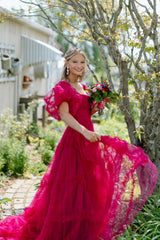 Long A-Line Corset Prom Dress with Fuchsia Square Neck and Puff Sleeves
