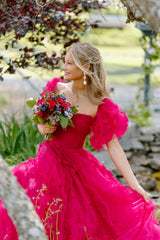 Long A-Line Corset Prom Dress with Fuchsia Square Neck and Puff Sleeves
