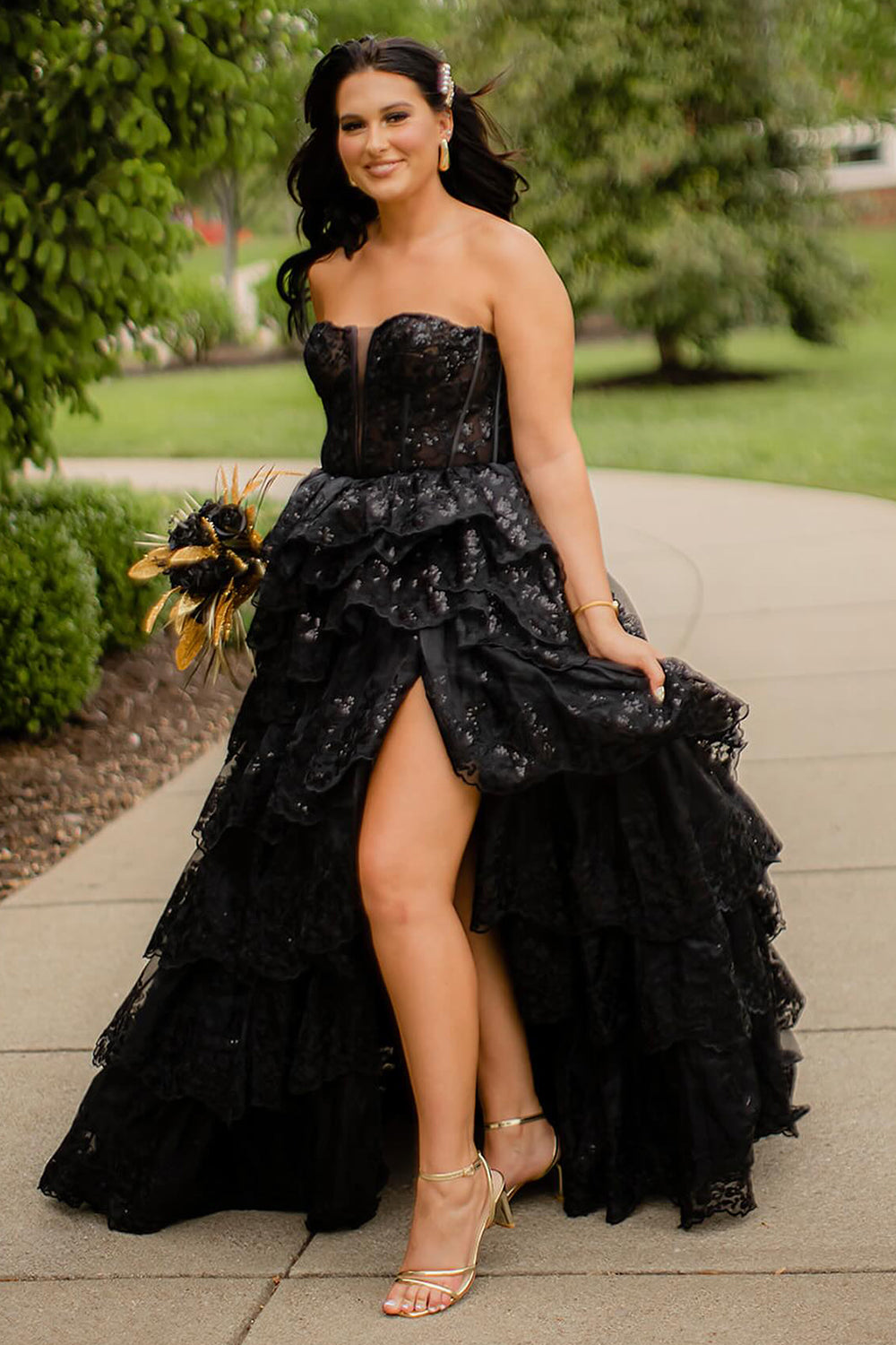 Long Black A-Line Corset Prom Dress in Strapless Tulle with Tiered Sequins