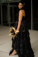 Long Black A-Line Corset Prom Dress in Strapless Tulle with Tiered Sequins