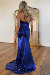 Metallic Long Corset Prom Dress in Dark Blue with Sweetheart Mermaid Cut and Slit