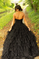 Long Corset Prom Dress in Black with Sweetheart Princess Tulle Tiered Design and Slit