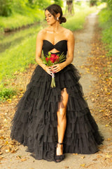Long Corset Prom Dress in Black with Sweetheart Princess Tulle Tiered Design and Slit