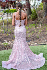 Long Corset Prom Dress with Sparkly Pink Spaghetti Straps and Mermaid Sequins
