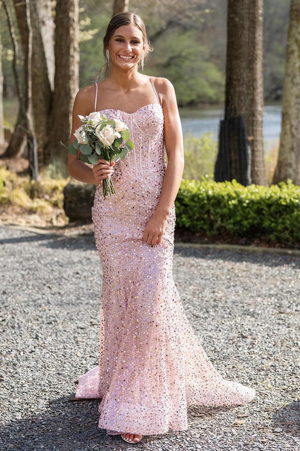 Long Corset Prom Dress with Sparkly Pink Spaghetti Straps and Mermaid Sequins