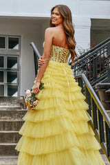 Long Tiered Corset Prom Dress in Yellow with Sweetheart Princess Tulle and Appliques