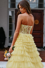Long Tiered Corset Prom Dress in Yellow with Sweetheart Princess Tulle and Appliques