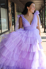 Princess Long Prom Dress in Lilac with Adjustable Straps Tiered Tulle and Slit