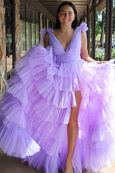 Princess Long Prom Dress in Lilac with Adjustable Straps Tiered Tulle and Slit
