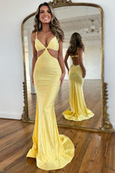 Yellow Glitter Spaghetti Strap Prom Dress with Mermaid Cut-Out and Beading