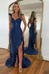 Navy Glitter Mermaid Corset Prom Dress with Beaded Spaghetti Straps and Ruffles