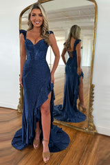 Navy Glitter Mermaid Corset Prom Dress with Beaded Spaghetti Straps and Ruffles