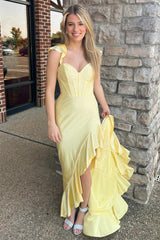 Yellow Glitter Mermaid Prom Dress with Beaded Corset and Ruffled Spaghetti Straps